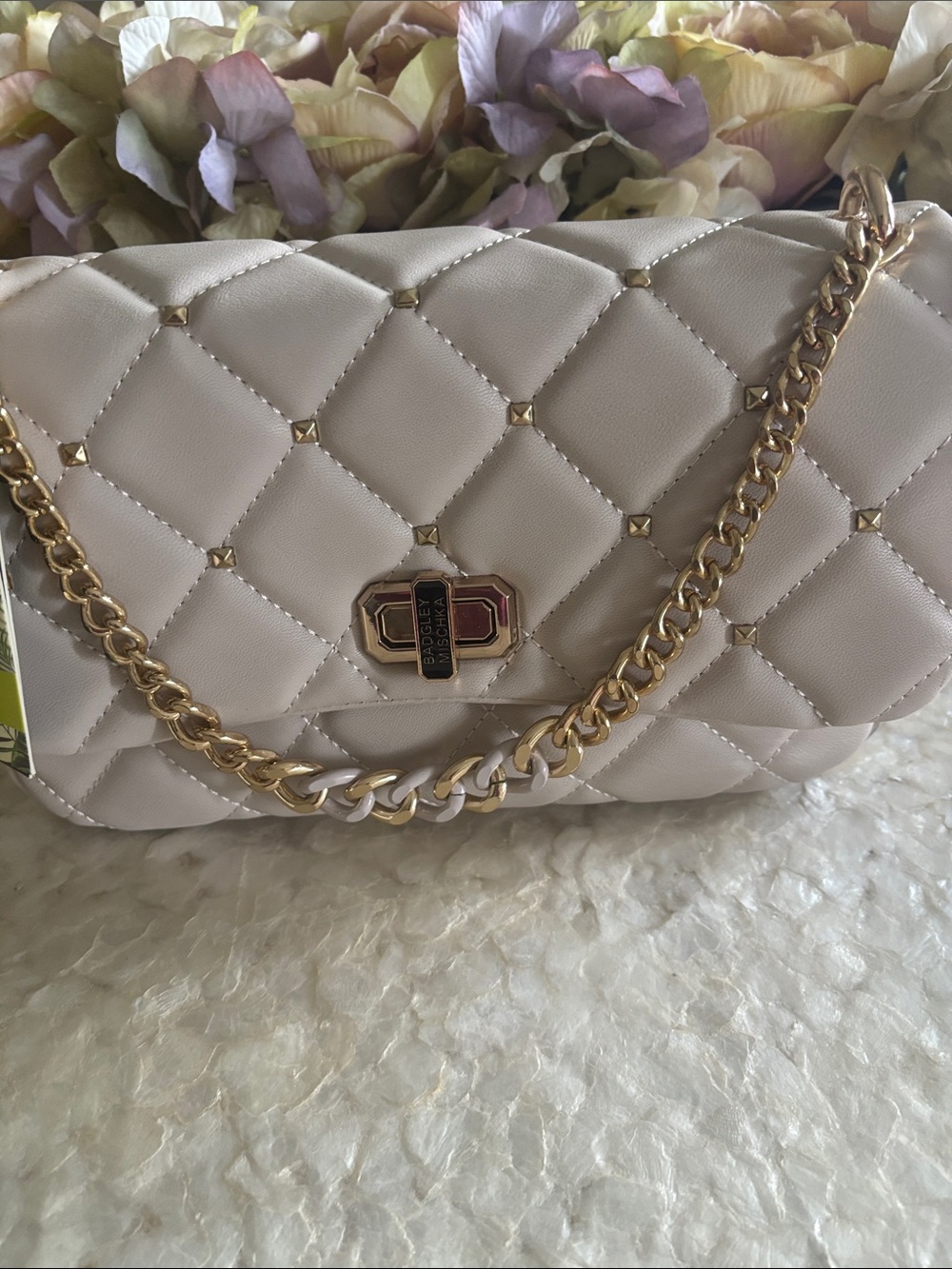 Badgley Mischka Quilted Shoulder Bag in Light Beige with Gold Chain